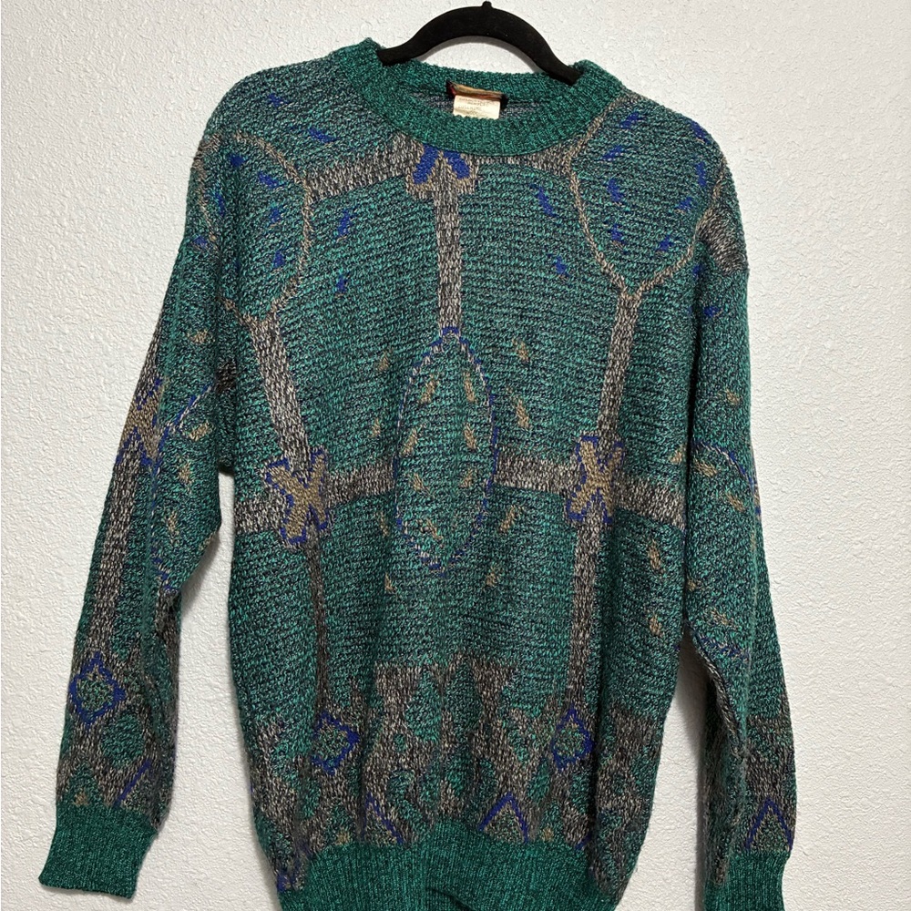Vintage Bachrach Geometric Knit Sweater Made in Canada 80s 90s Green Blue M/L